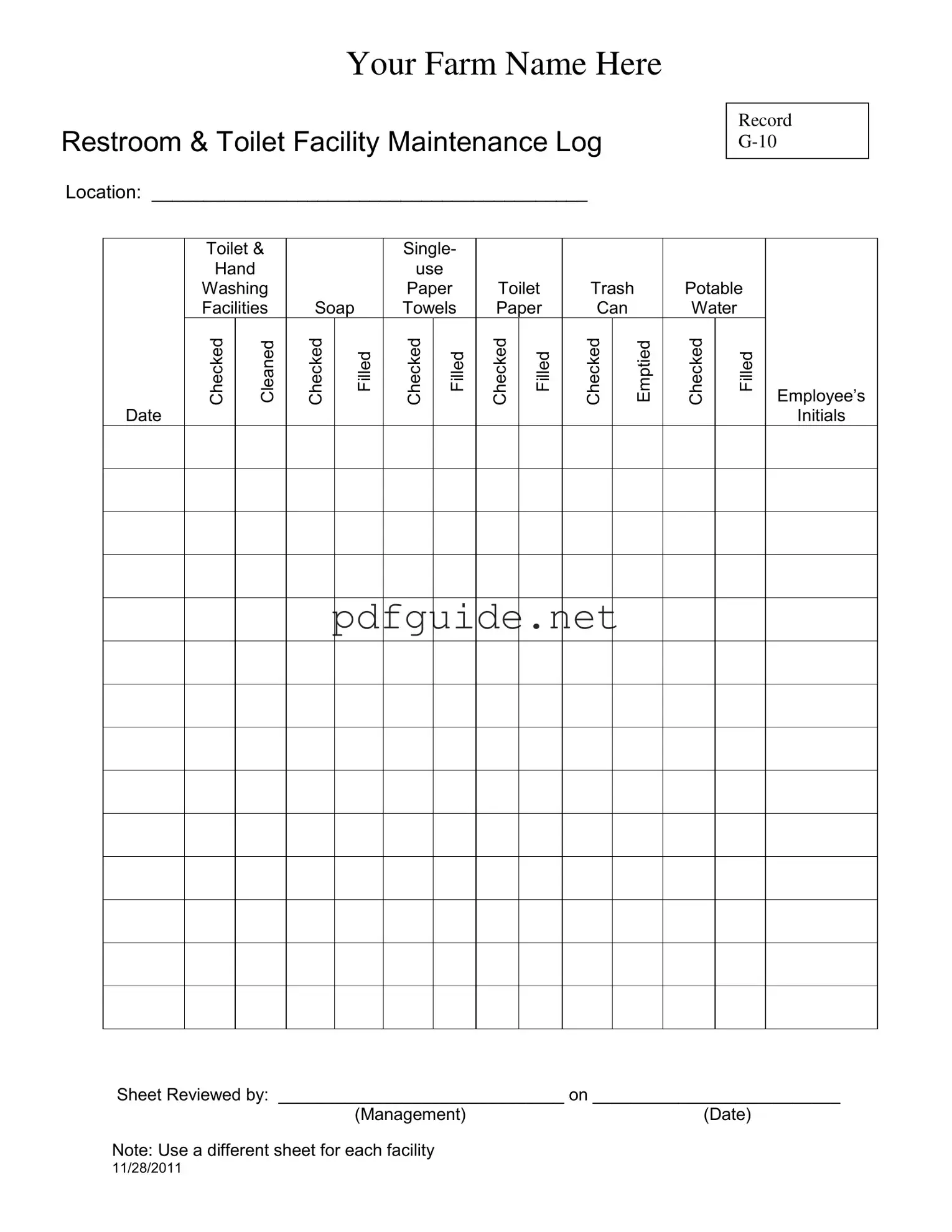 Fill Out a Valid Bathroom Cleaning Log Sheet Form