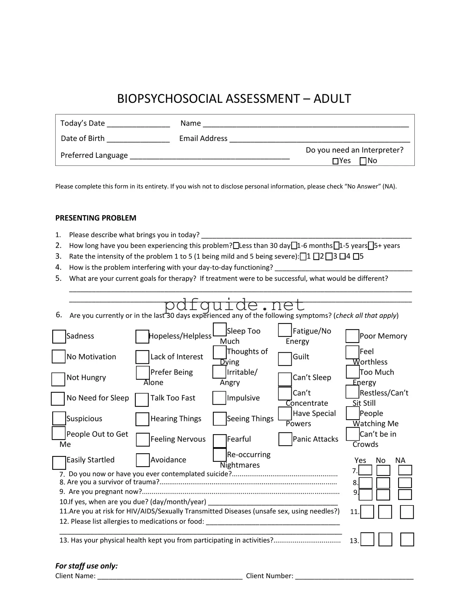 Fill Out a Valid Biopsychosocial Assessment Social Work Form