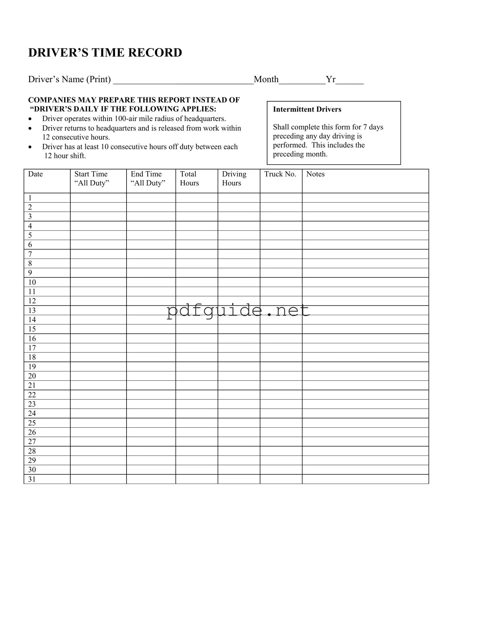 Fill Out a Valid Driver Time Record Form