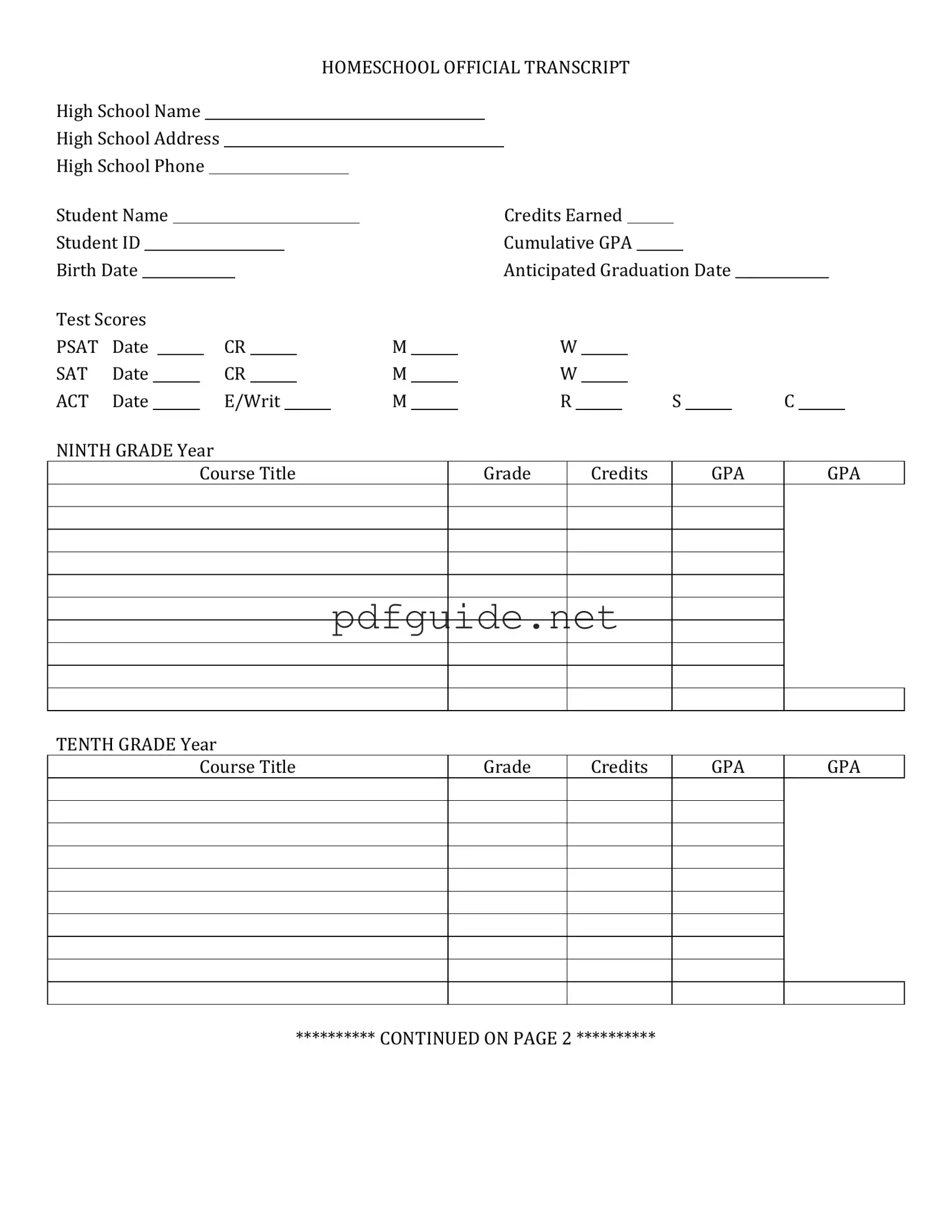 Fill Out a Valid High School Transcript Form