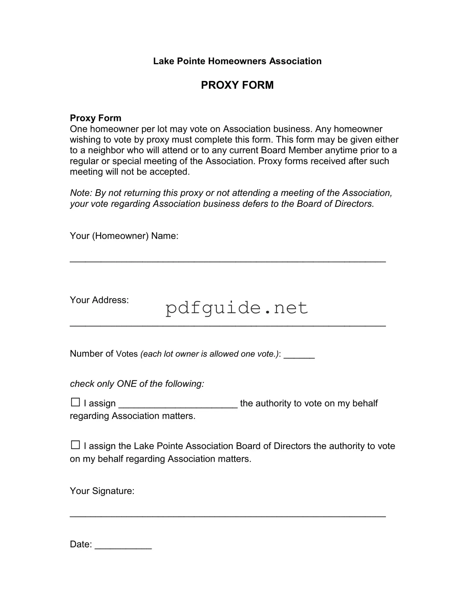 Fill Out a Valid Homeowners Association Proxy Form