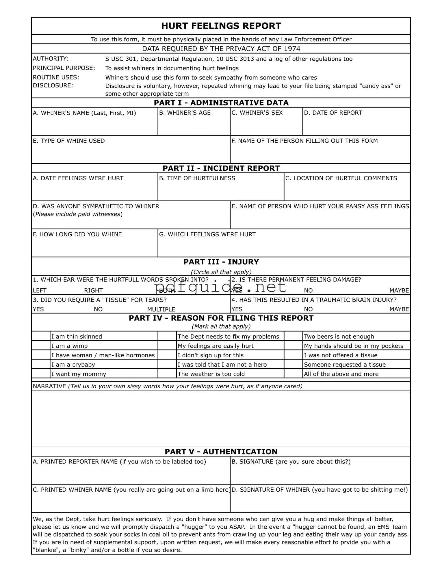 Fill Out a Valid Hurt Feelings Report Form