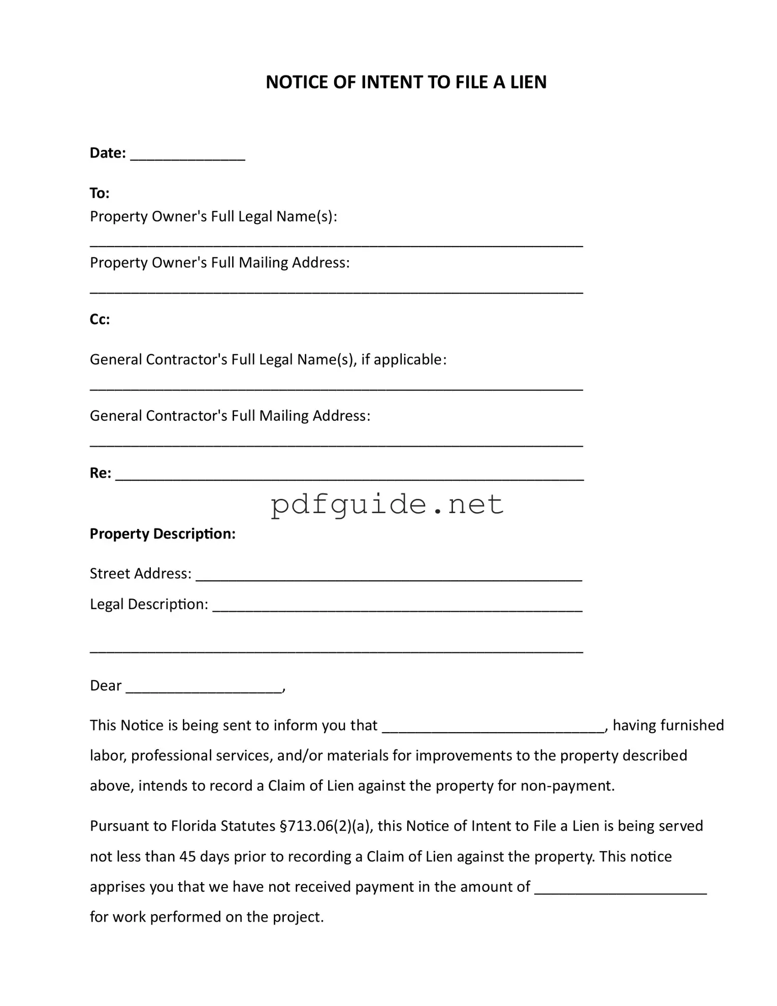 Fill Out a Valid Intent To Lien Florida Form