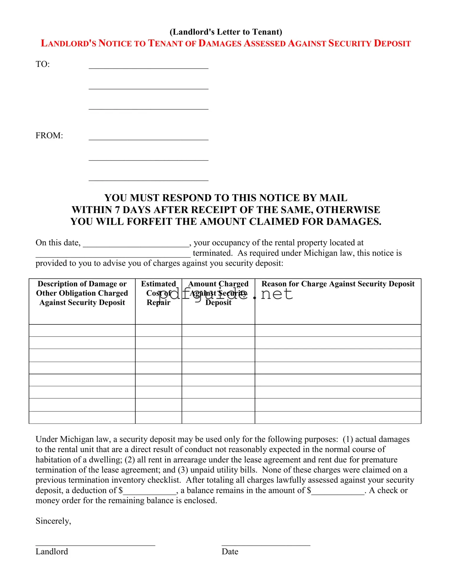 Fill Out a Valid Landlord Damages Letter Form