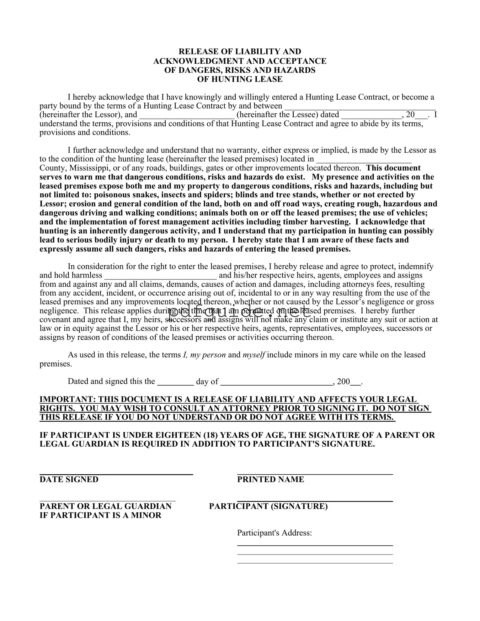 Fill Out a Valid Liability Hunting Form