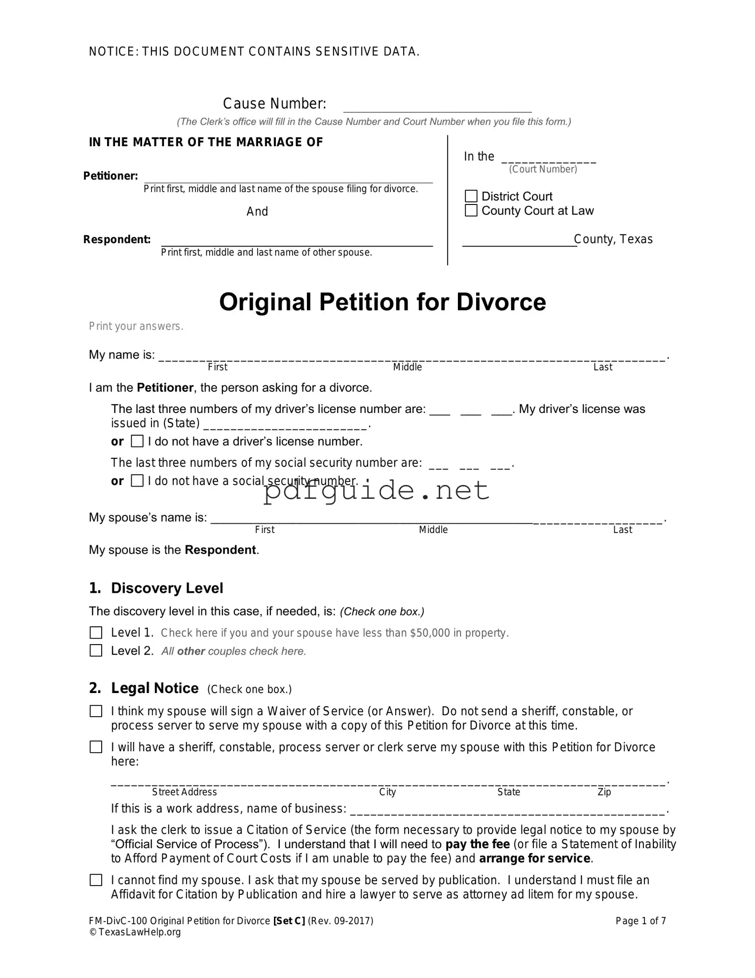 Fill Out a Valid Texas Law Help FM-DivC-100 Original Petition for Divorce Set C Form