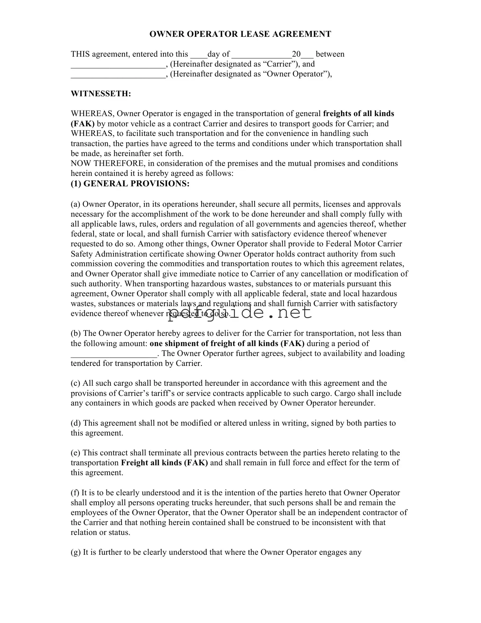 Fill Out a Valid Owner Operator Lease Agreement Form