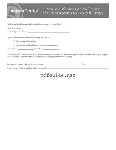 Fill Out a Valid Aspen Dental Health Information Release Form
