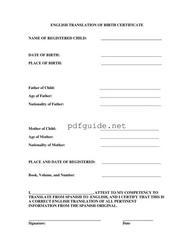 Fill Out a Valid Birth Certificate Translation To English Form
