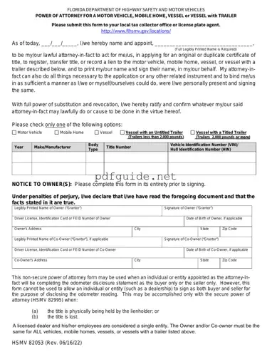 Fill Out a Valid Florida Vehicle POA form 82053 Form