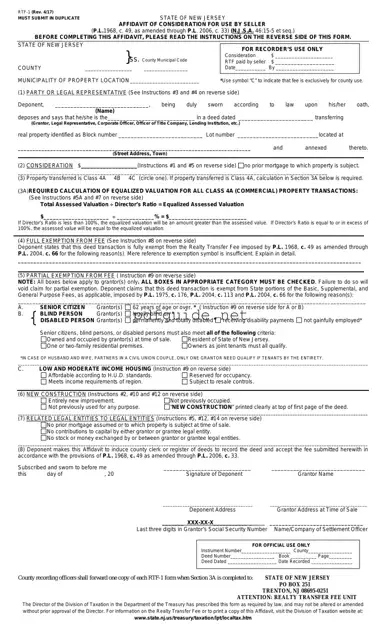 Fill Out a Valid New Jersey Affidavit of Consideration RTF-1 Form