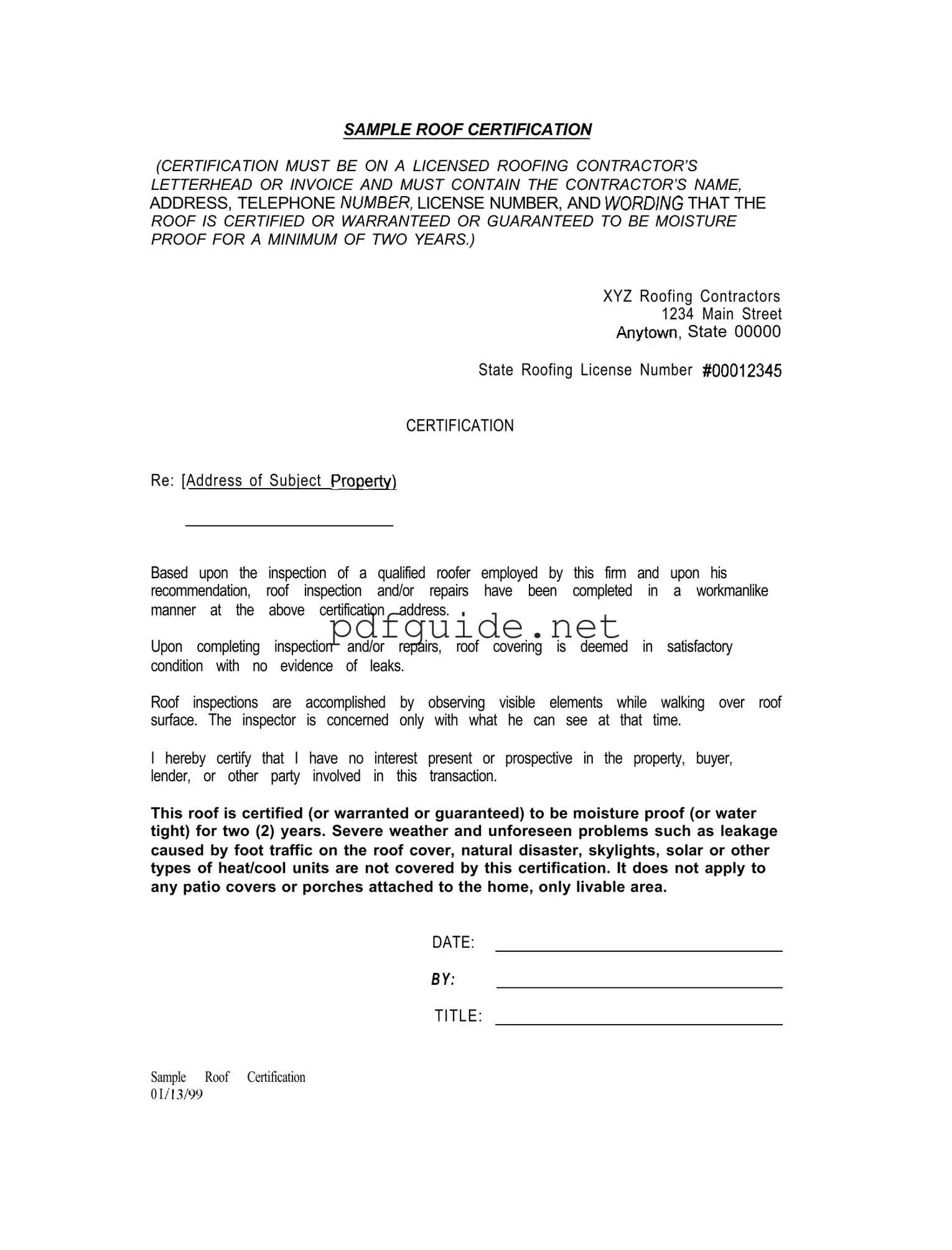 Fill Out a Valid Sample Roof Certification Form