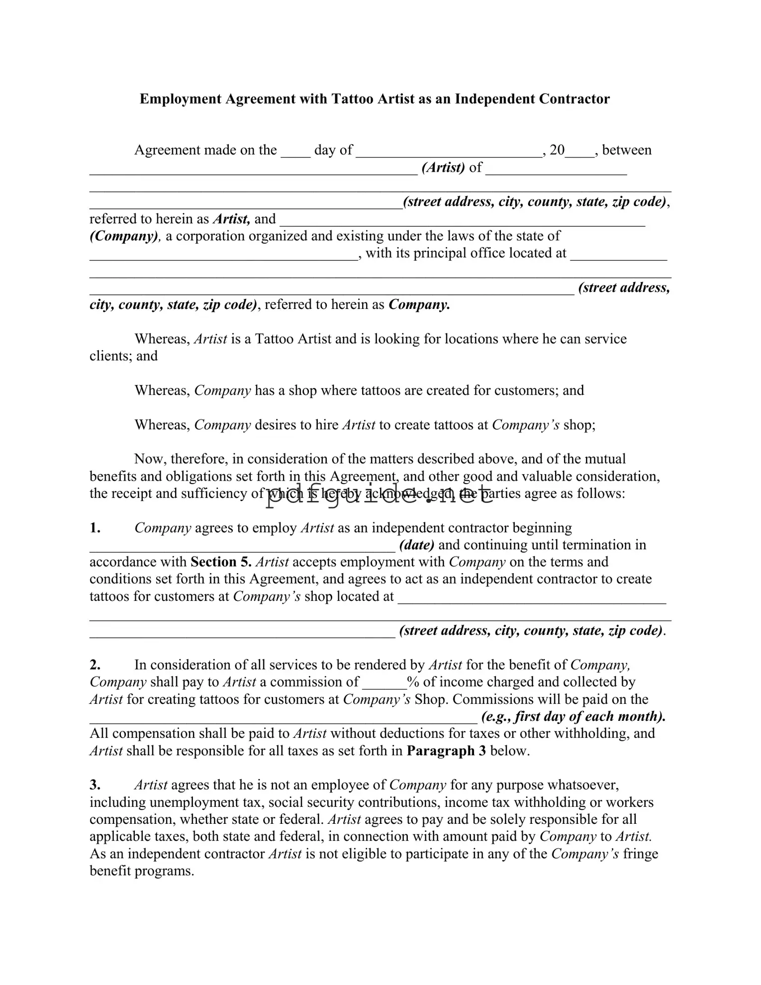 Fill Out a Valid Tattoo Shop Artist Agreement Form