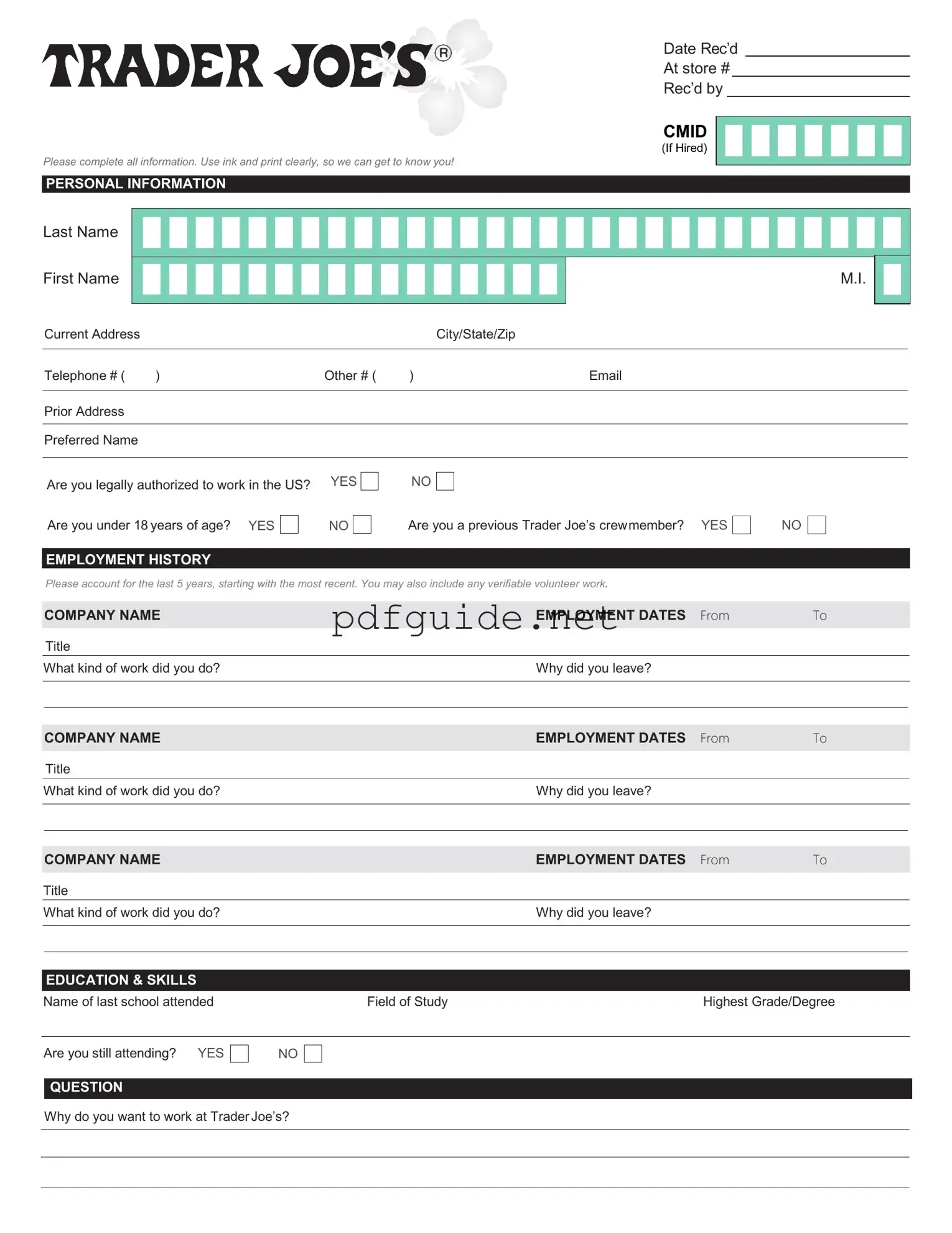 Fill Out a Valid Trader Joe's application Form