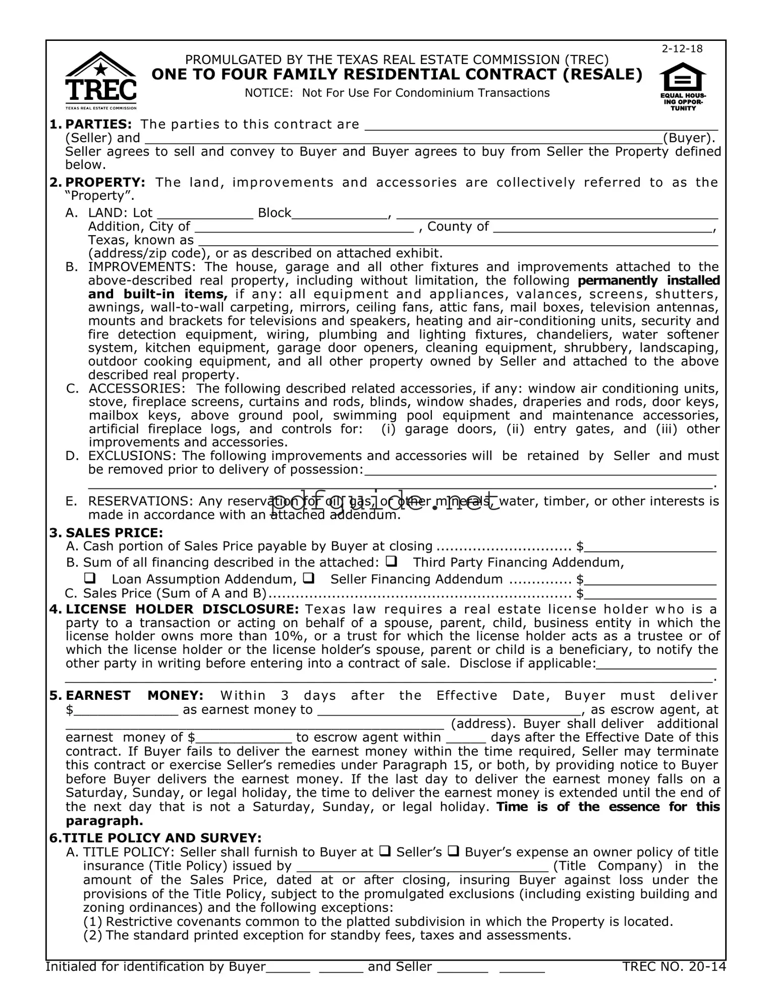 Fill Out a Valid TREC One to four family residential contract Form