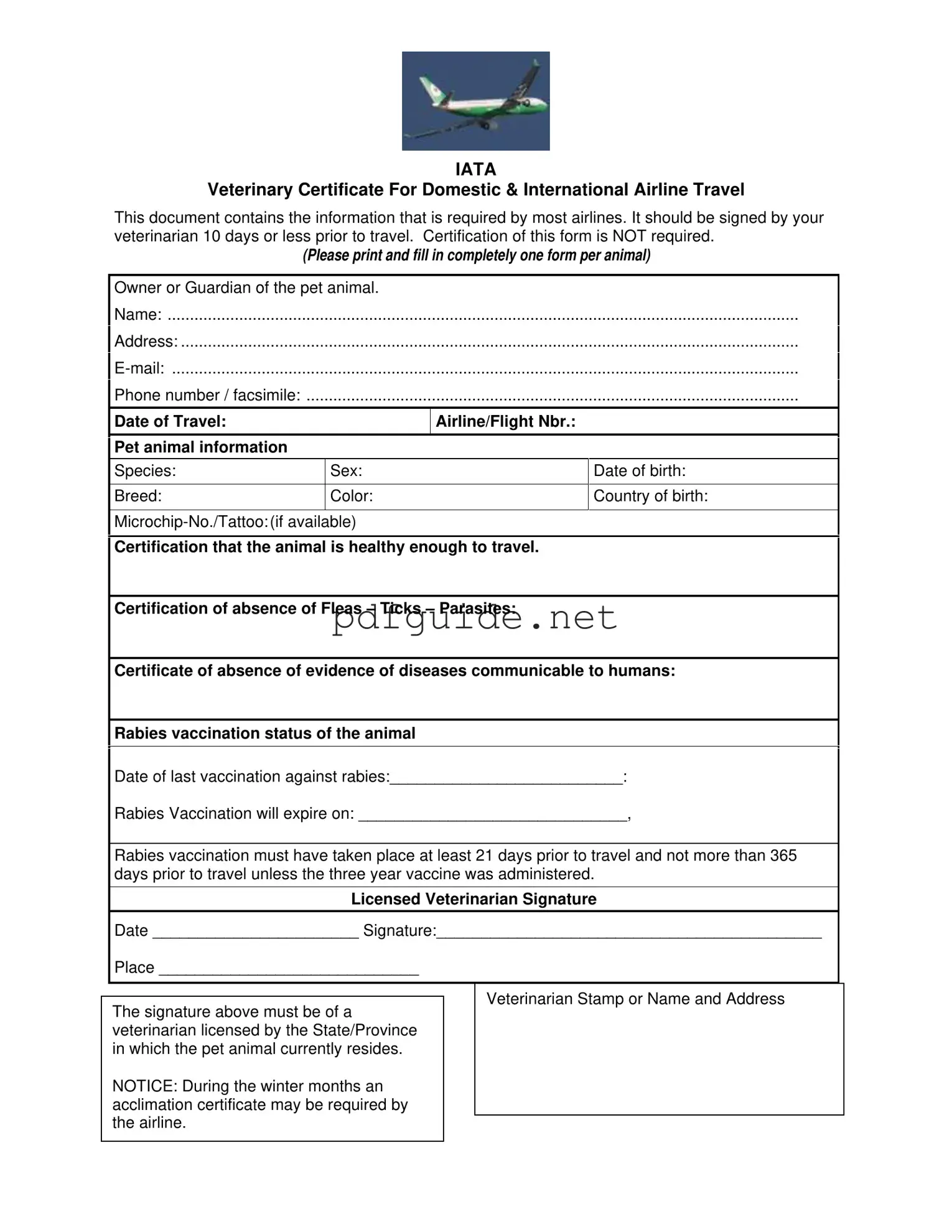Fill Out a Valid Veterinary Certificate Travel Form