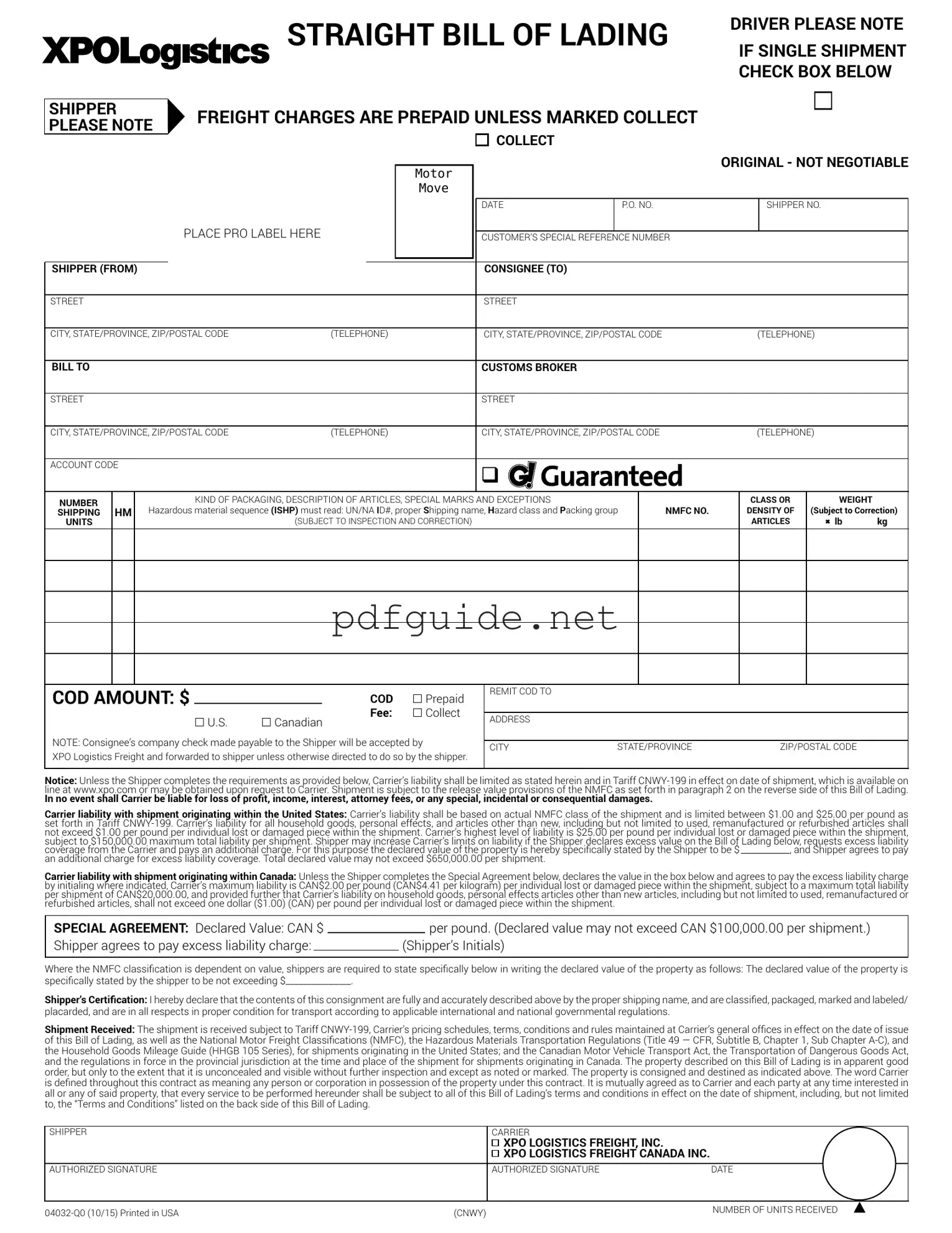 Fill Out a Valid Xpo Logistics Bill Of Lading Form